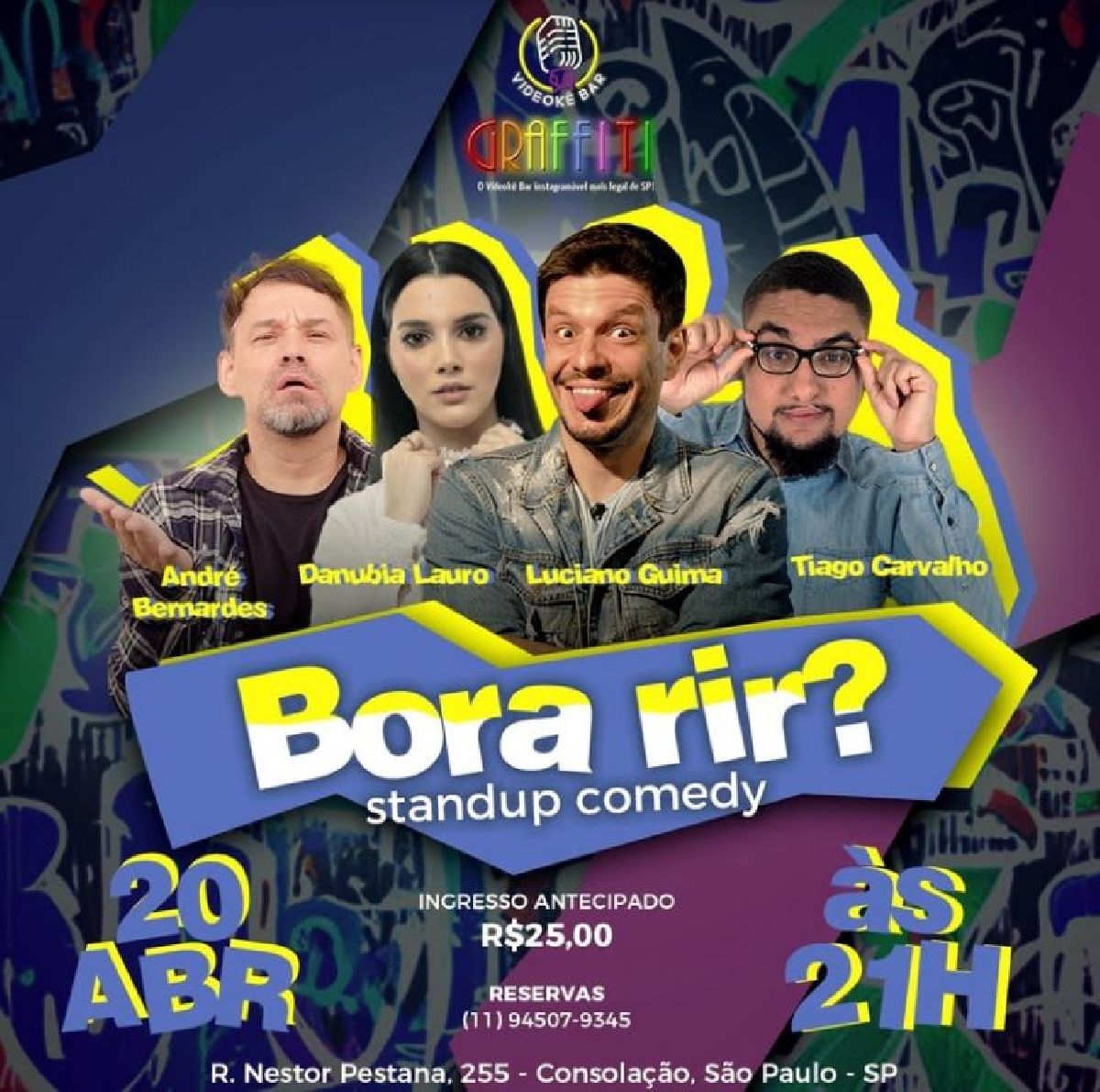 Bora Rir? estreia no Graffiti -- Videokê Bar com os comediantes  André Bernardes, Danubia Lauro, Luciano Guima e Tiago Carvalho