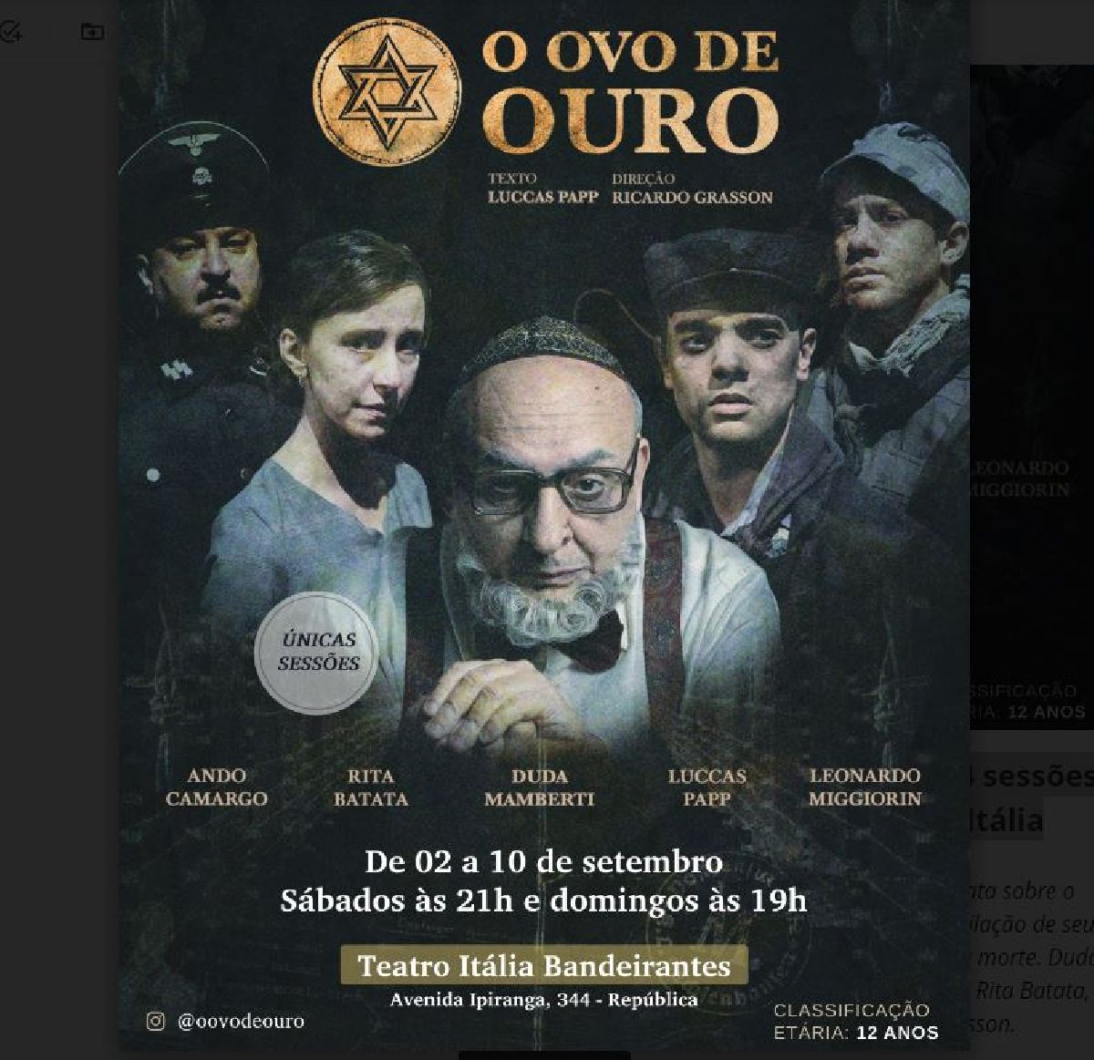 Sérgio Mamberti ganha homenagem com 4 sessões do espetáculo O Ovo de Ouro no Teatro Itália